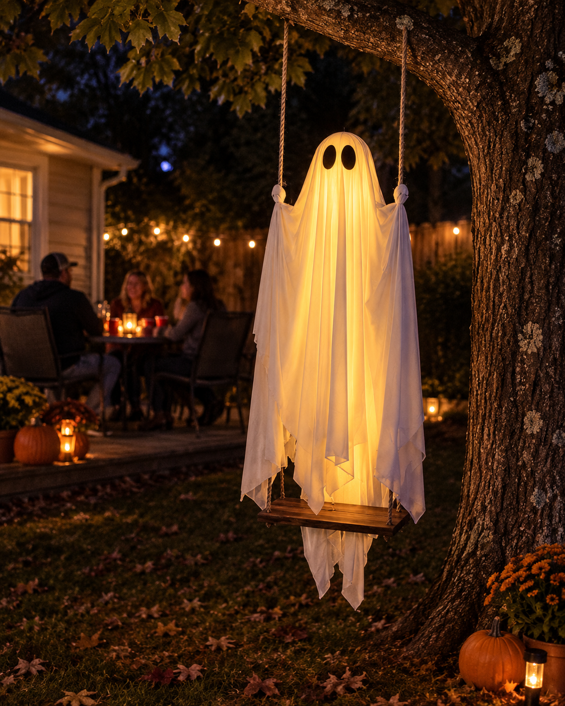 RELIVA ghost hanging from a backyard tree