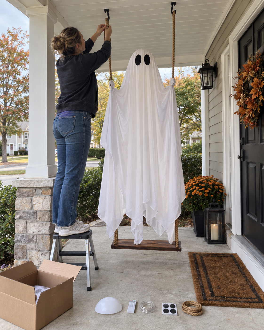 Homeowner hanging the RELIVA swing ghost from porch hooks