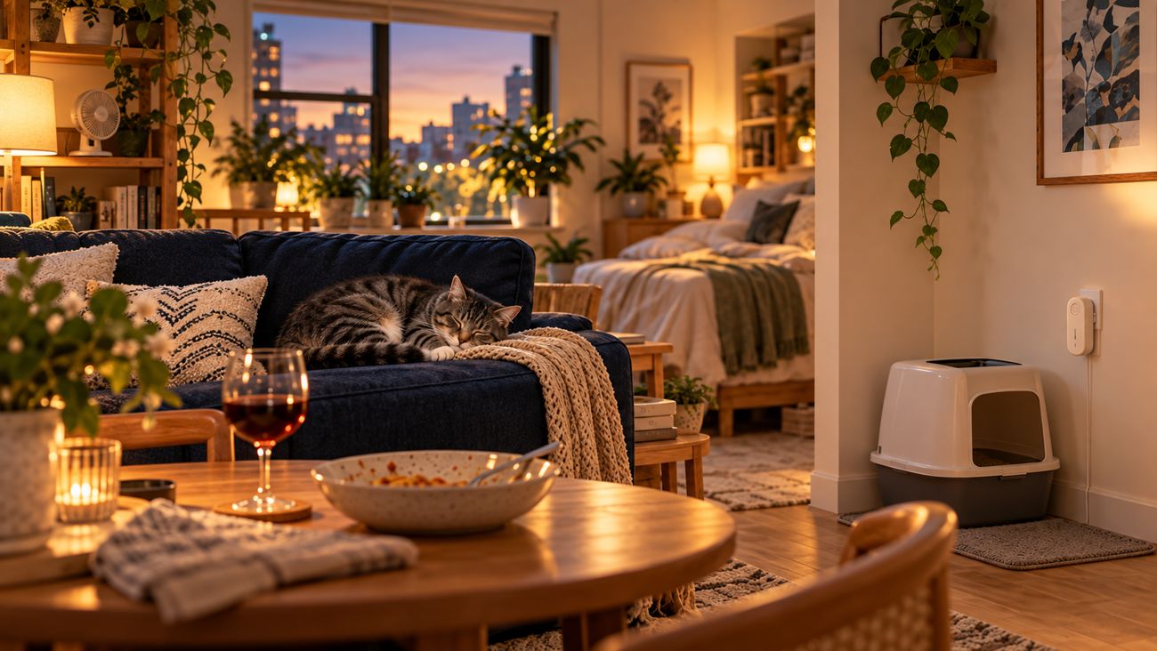 Evening in Jess's apartment: dinner on the table, Pepper asleep on the couch