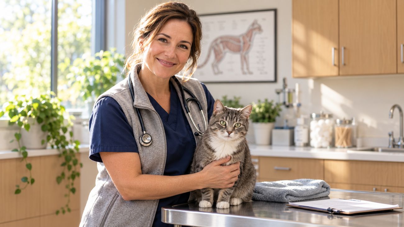 Dr. Ann Miller in her clinic exam room with a grey tabby cat