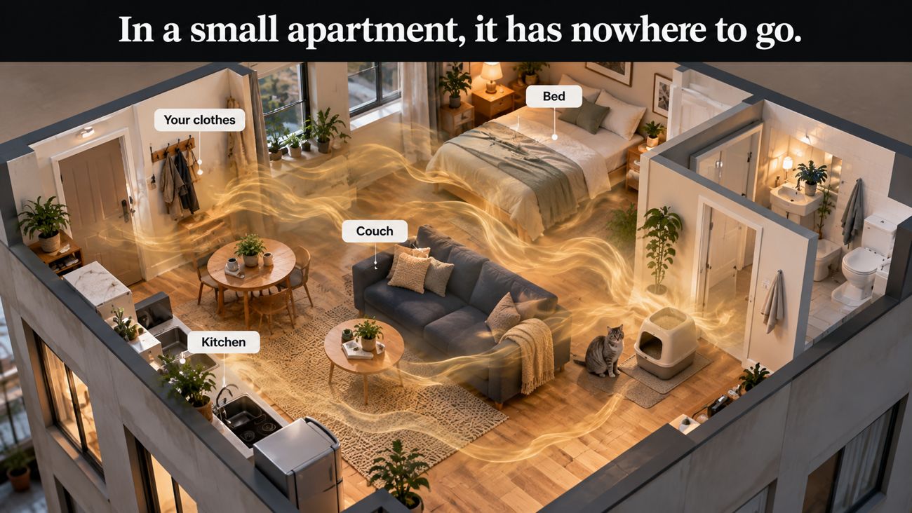 Cutaway of a small one-bedroom apartment with odor spreading from the litter box to the couch, bed, kitchen and clothes