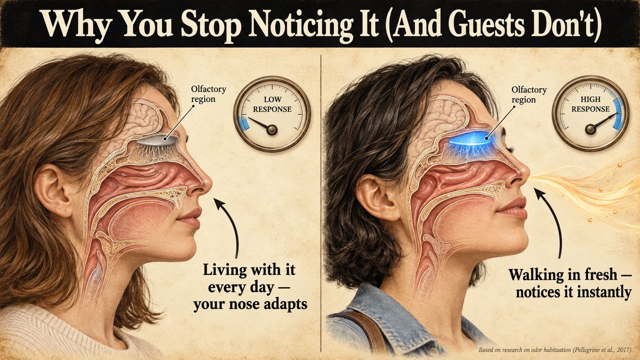 Illustration: the owner's nose has adapted while a guest's nose responds strongly