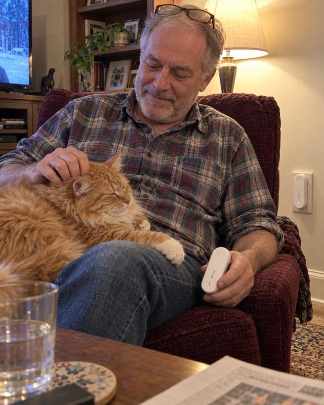 Older man in an armchair with a ginger cat, holding a RELIVA unit