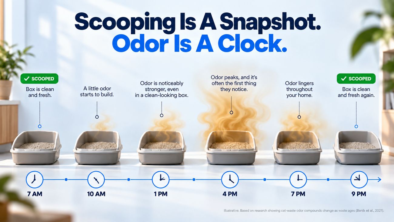 Timeline: litter box scooped at 7 AM, odor builds through the day, peaks at 4 PM, scooped again at 9 PM