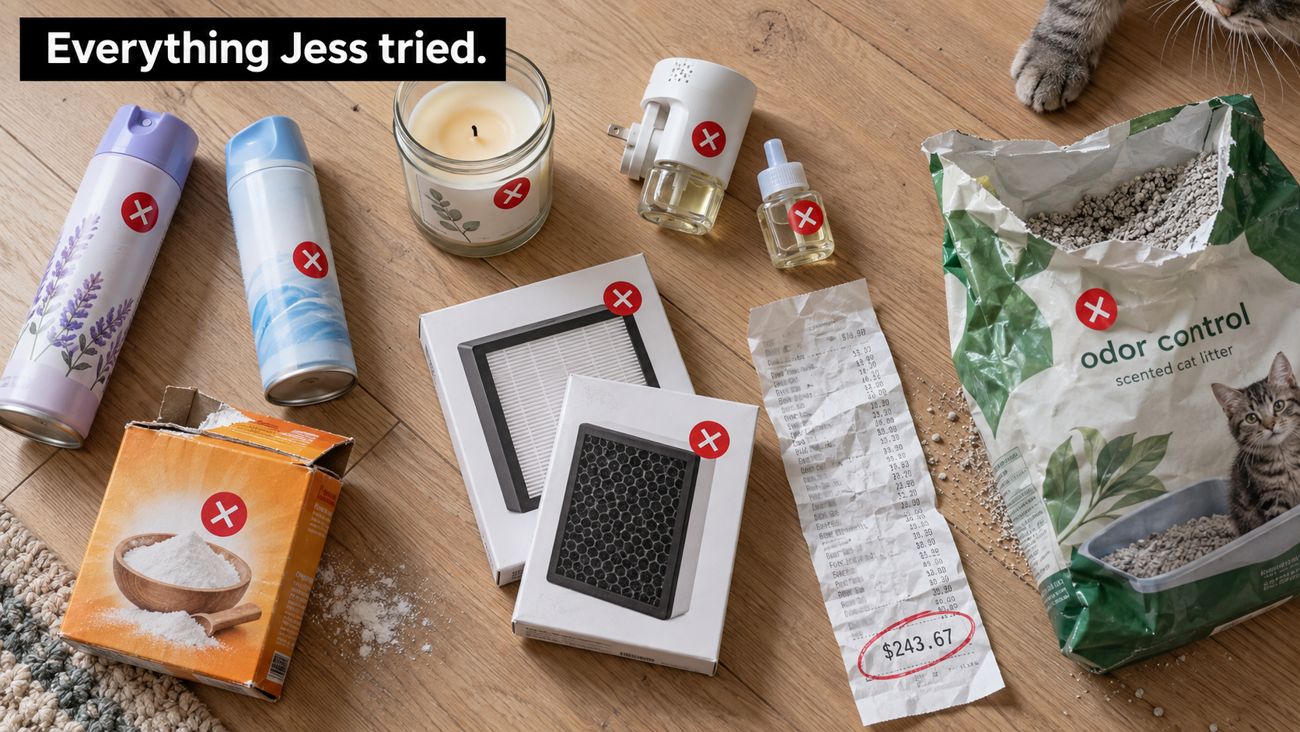 Flat-lay of sprays, candles, plug-in fresheners, scented litter, purifier filters and a receipt, each marked with a red X