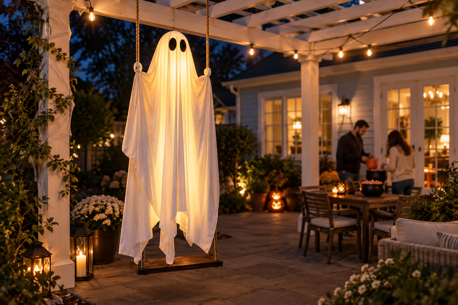 RELIVA illuminated ghost hanging on a pale-blue home patio