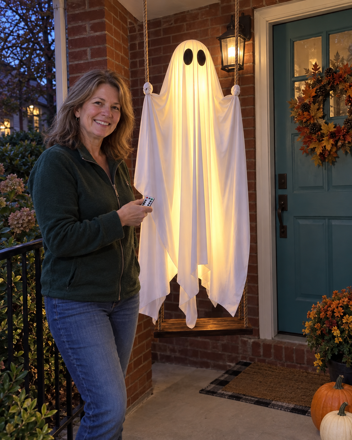 Homeowner standing beside the illuminated RELIVA ghost on a red-brick porch