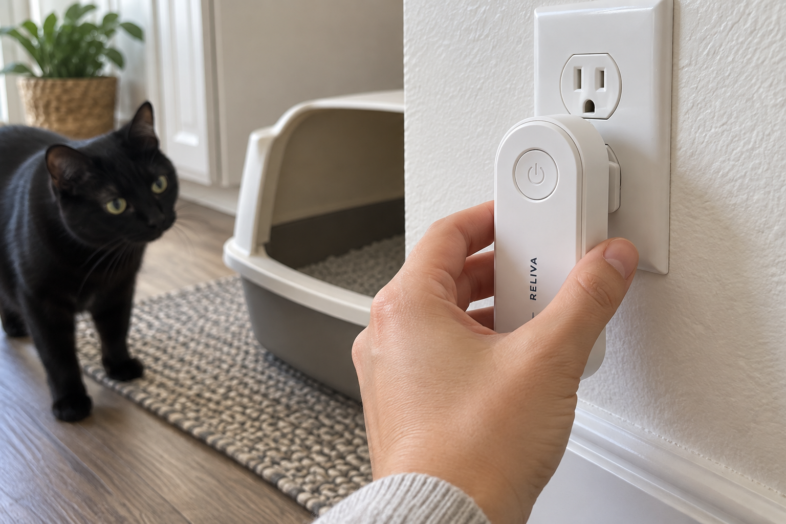 PurrAir plugged in near a cat litter box