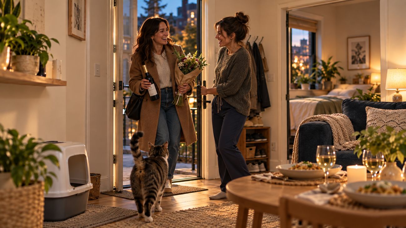 A friend arrives laughing with wine and flowers while Jess holds the door and her cat trots over