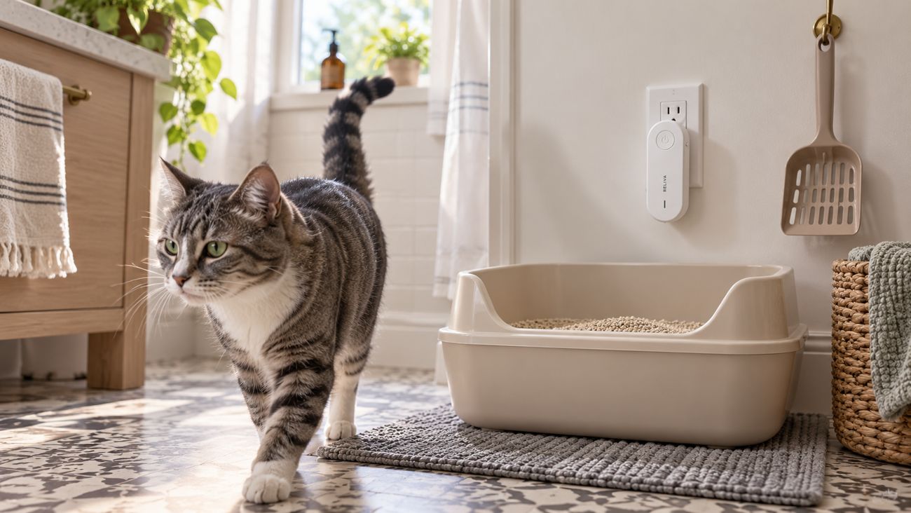 RELIVA PurrAir™ plugged into the wall beside a litter box, with a tabby cat walking past