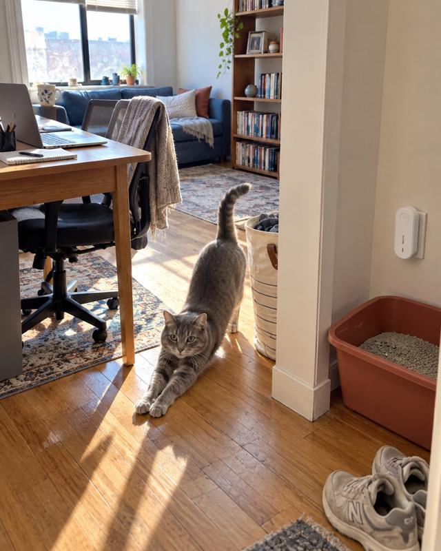 Grey cat stretching in a sunny studio apartment near the litter box