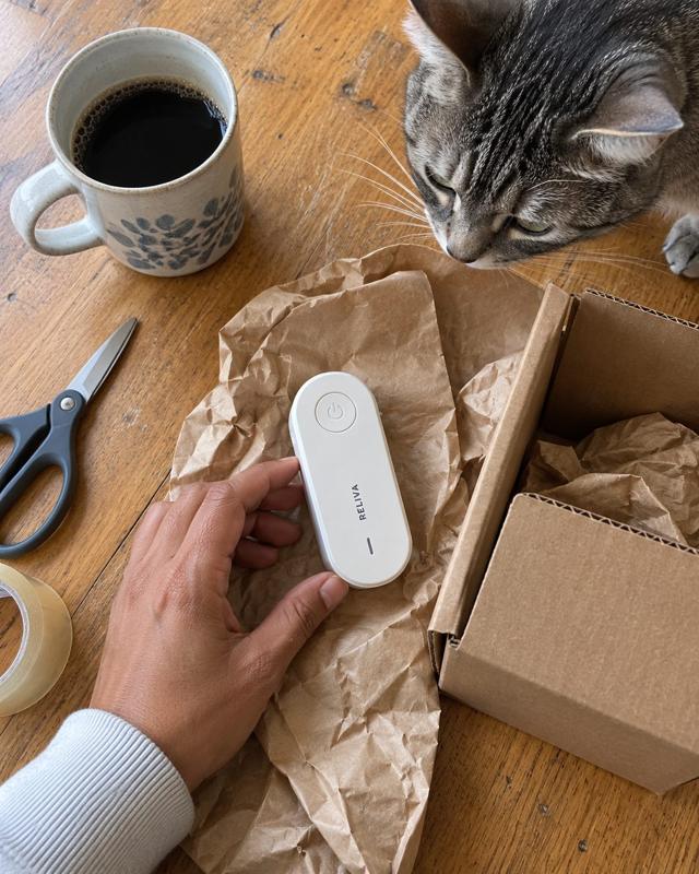 RELIVA PurrAir™ held over its box with a curious tabby