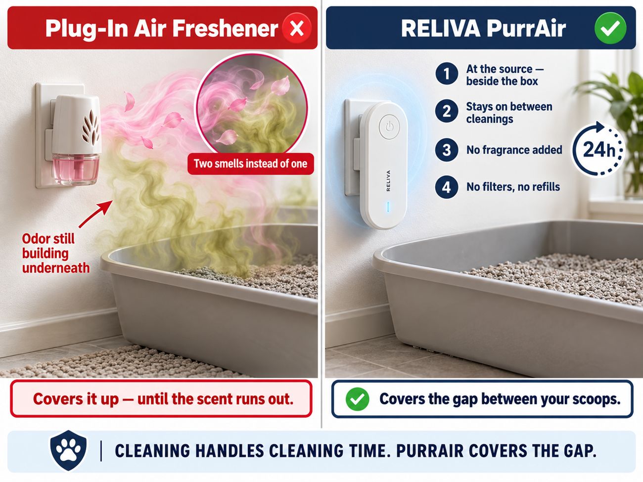 Comparison: a plug-in air freshener masks odor while PurrAir™ works at the source between cleanings