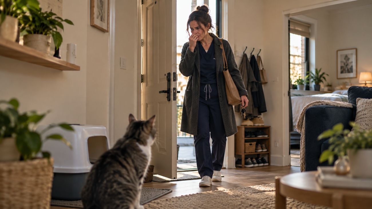 Dr. Miller pausing as she walks into her own apartment at 4 PM